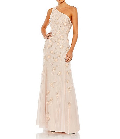 Mac Duggal Beaded One Shoulder Sleeveless Fit and Flare Gown