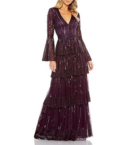 Mac Duggal Beaded Sequin V-Neck Long Bell Sleeve Tiered Gown