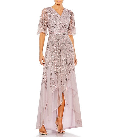 Mac Duggal Beaded Short Flutter Sleeve Surplice V-Neck High-Low Faux Wrap Gown