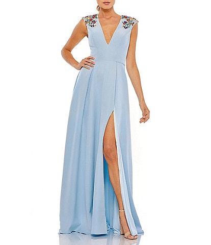 Mac Duggal Beaded Shoulder Deep V-Neck Cap Sleeve Thigh High Slit A-Line Gown