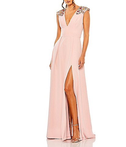 Mac Duggal Beaded Shoulder Deep V-Neck Cap Sleeve Thigh High Slit A-Line Gown