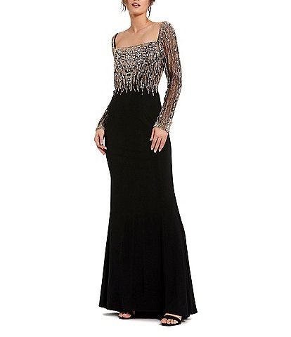 Mac Duggal Beaded Square Neck Long Illusion Sleeve Jersey Side Slit Gown