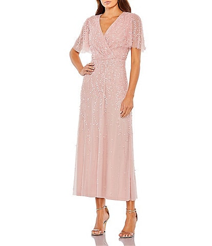 Mac Duggal Beaded V-Neck Flutter Sleeve Faux Wrap Midi Dress