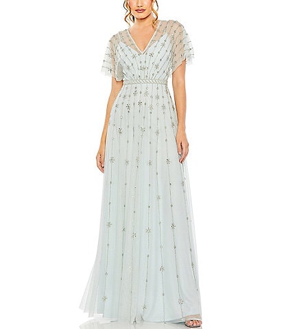 Mac Duggal Beaded V-Neck Short Flutter Sleeve A-Line Gown