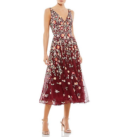 Mac Duggal Beaded V-Neck Sleeveless A-Line Midi Dress