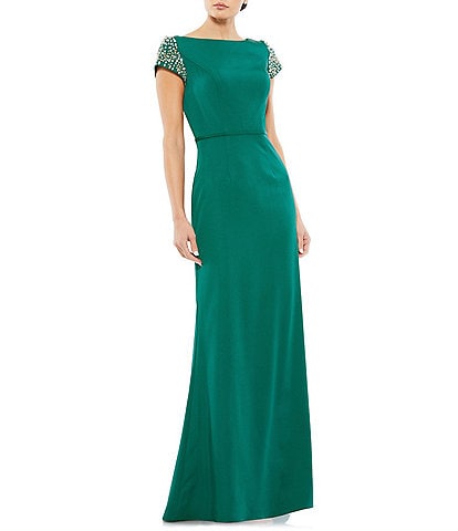 Mac Duggal Boat Neck Beaded Cap Sleeve Column Gown