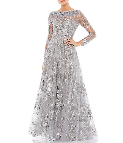 Mac Duggal Boat Neck Long Sheer Sleeve Beaded Floral A-Line Gown