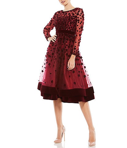 Mac Duggal Illusion Round Neck Long Sleeve Velvet Trim Floral Fit and Flare Midi Dress