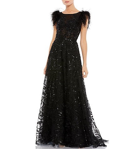 Mac Duggal Round Neck Short Feather Sleeve A-Line Beaded Floral Gown