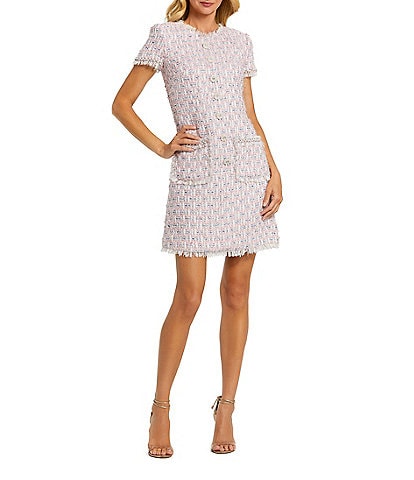 Mac Duggal Boucle High Neck Short Sleeves Floral Button Detail Shift Dress