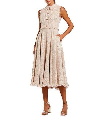 Mac Duggal Boucle Sleeveless Button Up Midi Dress