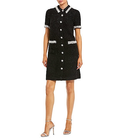 Mac Duggal Button Up Boucle Collared Mini Dress