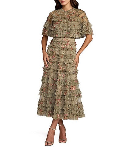 Mac Duggal Capelet Floral Print Micro Ruffle Midi Dress