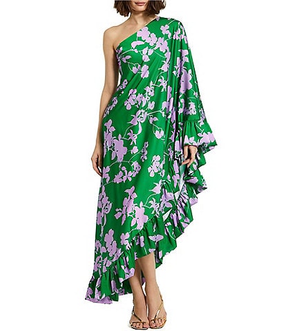 Mac Duggal Charmeuse Floral Print One Long Sleeve Asymmetric Ruffle Draped Gown