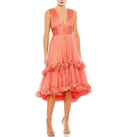 Mac Duggal Chiffon Deep V-Neck Sleeveless Tiered Ruffle High Low Midi Dress