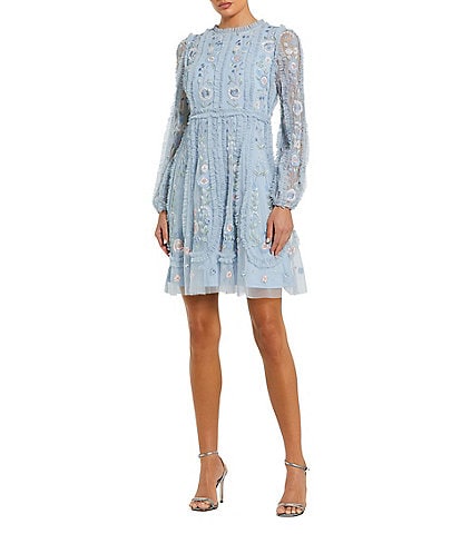 Mac Duggal Chiffon Floral Mesh Long Puff Sleeve Mock Neck A-Line Dress