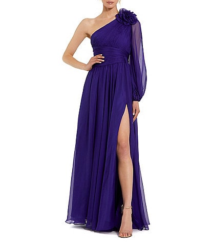 Mac Duggal Chiffon One Shoulder Long Sheer Sleeve Rosette Pleated Side Slit Gown