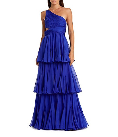 Mac Duggal Chiffon One Shoulder Tiered Hem Side Cut-Out Column Gown