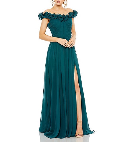 Mac Duggal Chiffon Pleated Off The Shoulder Ruffle Sleeveless Gown