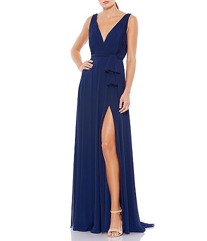 Mac Duggal Chiffon Plunge V-Neck Sleevless Draped Tie Trapeze Gown