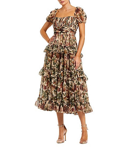 Mac Duggal Chiffon Puff Sleeve A Line Midi Dress With Ruffles