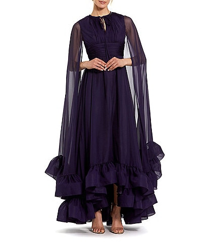 Mac Duggal Chiffon Round Keyhole Neck Cape Sleeve Ruffle Hem High Low Gown