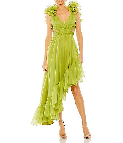 Mac Duggal Chiffon V-Neck Sleeveless Ruffle Sleeve Side Cutout Asymmetrical Gown