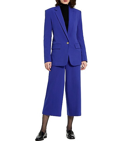 Mac Duggal Classic Tailored Crepe Notch Lapel Button Front Blazer & Coordinating Wide-Leg Cropped Pants