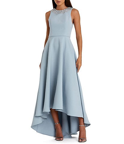Mac Duggal Crepe Beaded High Neck Sleeveless High-Low Ball Gown