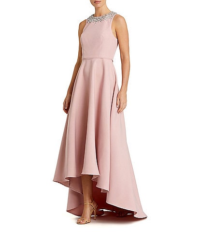 Mac Duggal Crepe Beaded High Neck Sleeveless High-Low Ball Gown