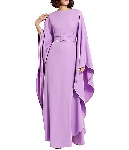 Mac Duggal Crepe Boat Neck Long Flared Ruffle Sleeve Belted Maxi Caftan Gown