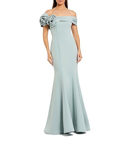 Mac Duggal Crepe Off-The-Shoulder 3D FLoral Mermaid Gown