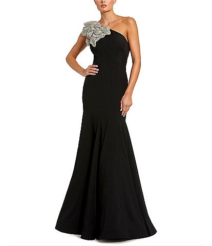 Mac Duggal Crepe One Shoulder Sleeveless Flower Applique Gown