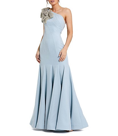 Mac Duggal Crepe One Shoulder Sleeveless Flower Applique Gown