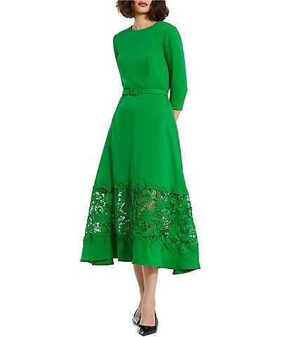 Mac Duggal Crepe Round Neck 3/4 Sleeve Applique Lace Belted Midi A-Line Dress