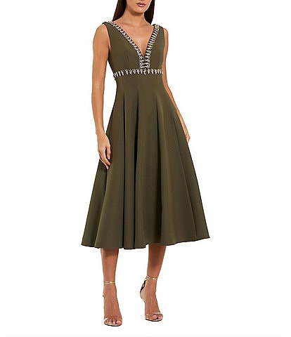 Mac Duggal Crepe V Neck A Line Midi Dress With Rhinestones