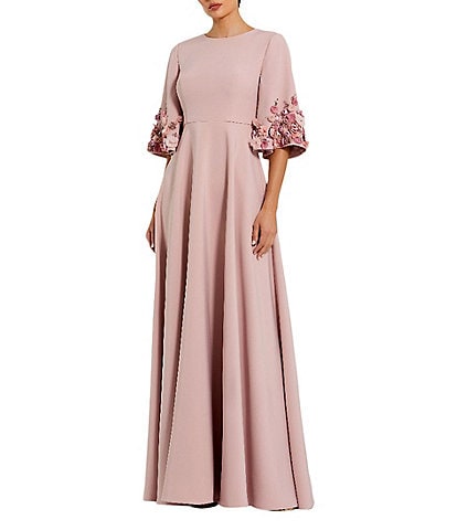 Mac Duggal Crew Neck 3D Floral Applique Elbow Sleeve A-Line Satin Gown