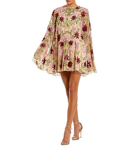Mac Duggal Crew Neck Long Bell Sleeves Beaded Floral Mesh Shift Mini Dress