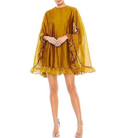 Mac Duggal Crew Neck Ruffle Hem Long Cape Sleeve Waistless Mini Dress