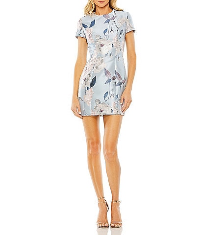 Mac Duggal Crew Neck Short Sleeve Floral Print Mikado Sheath Mini Dress
