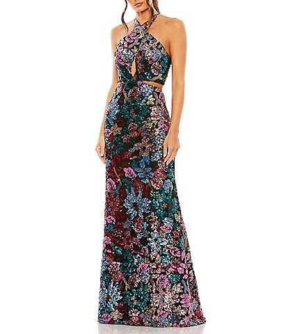 Mac Duggal Criss Cross Halter Sleeveless Cut Out Embellished Sequin Sheath Gown
