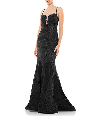 Mac Duggal Deep Split V-Neck Embroidered Mixed Media Trumpet Gown