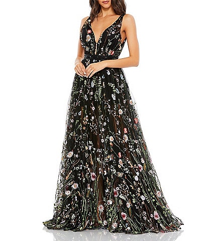 Mac Duggal Deep V Embroidered Floral Illusion Hem Gown
