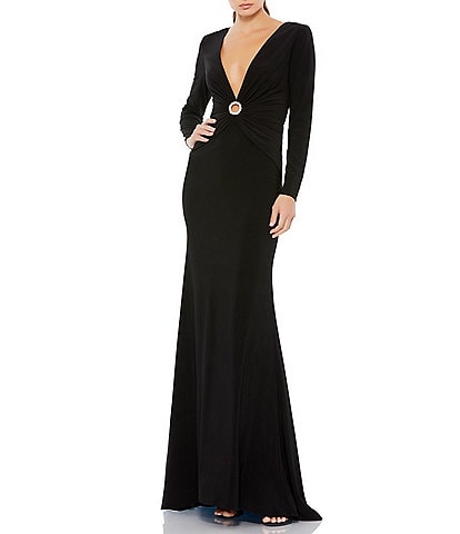 Mac Duggal Deep V-Neck Ruched Jeweled O Ring Long Sleeve Gown