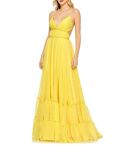 Mac Duggal Deep V-Neck Sleeveless Spaghetti Strap Side Cut Out Back Detail Tiered Hem Gown