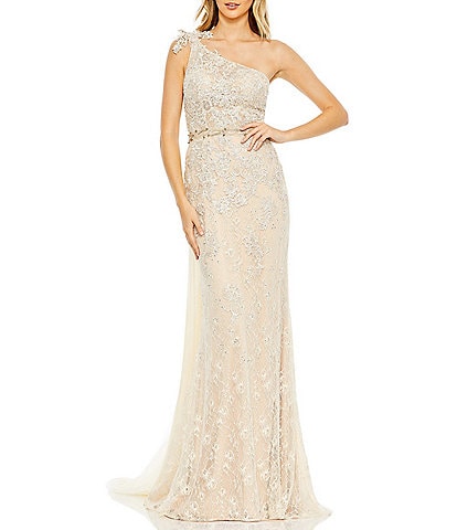 Mac Duggal Detailed One Shoulder Beaded Waist Lace Gown