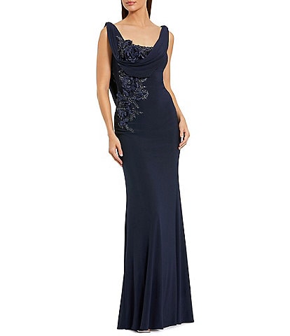 Mac Duggal Drape Neckk 3D Floral Applique Jersey Column Gown