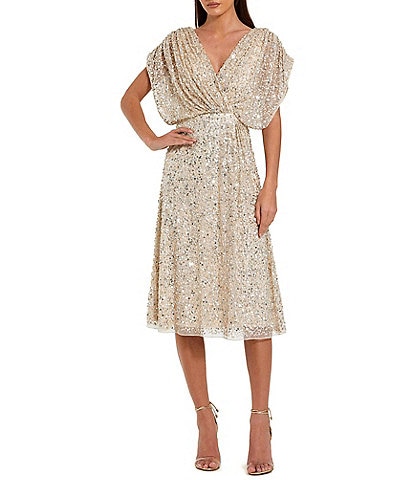 Mac Duggal Draped Sleeve V-Neck Mesh Midi Dress