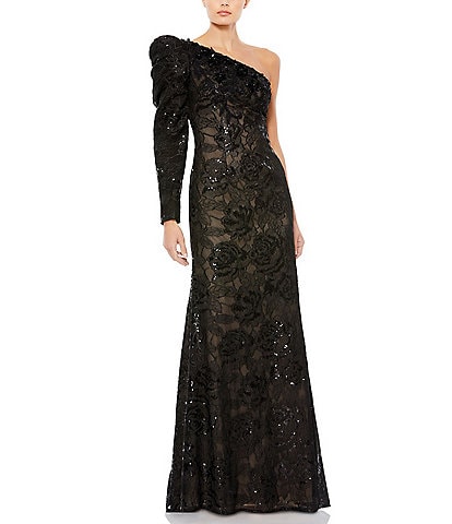 Mac Duggal Embellished Asymmetrical Neck One Sleeve Floral Lace Gown
