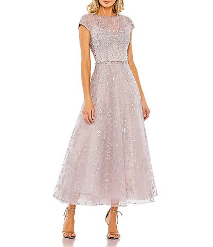 Mac Duggal Embellished Beading Cap Sleeve Embroidered A-Line Gown